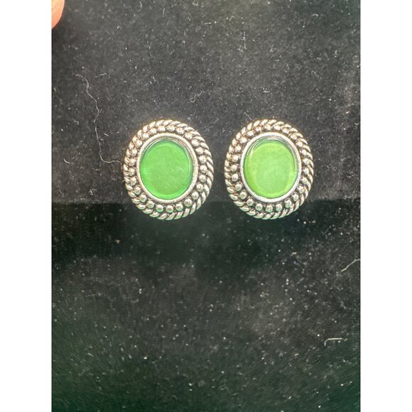 Vintage Silver-Tone Clip-On Earrings With Green Stone Accents - Picture 1 of 3